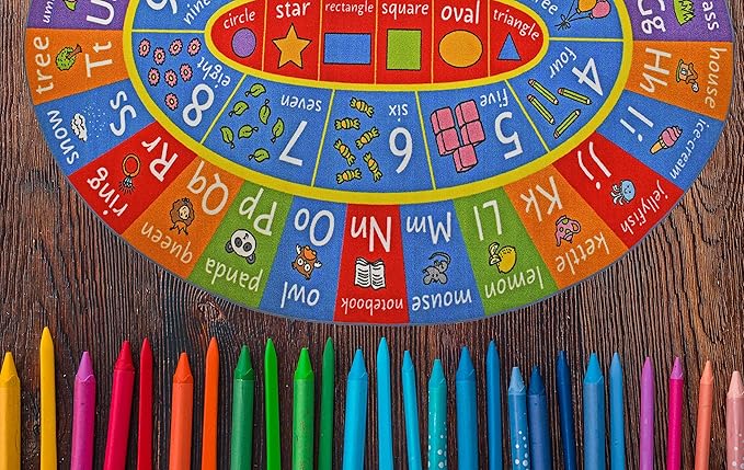 KC Cubs Educational Kids Rug – ABC Alphabet, 123 Numbers & Shapes Learning Mat – Soft Interactive Carpet for Classroom, Playroom & Bedroom 8x10 Oval