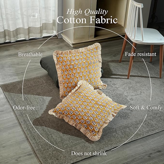 CPC Yellow Citrine Ruffle Throw Pillow Covers for Couch, 20x20 Inch Cotton Stripe Ruffle Couch Pillows for Living Room, Hidden 16 Inch Zipper Boho Pillow Case or Cute Outdoor Ruffle Pillows