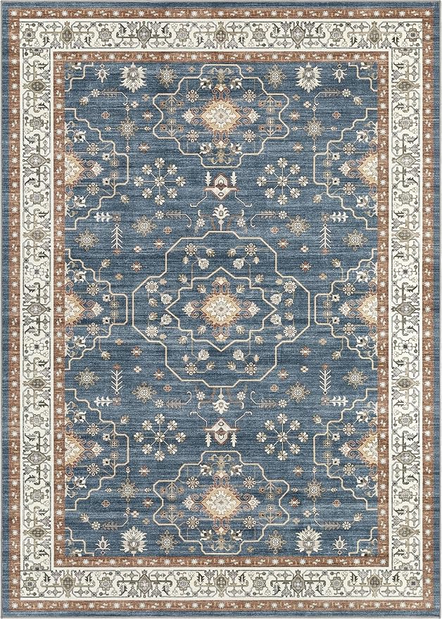 7x9 Area Rug for Living Room- Machine Washable Soft Oriental Vintage Large Indoor Floor Carpet for Bedroom Under Dining Table Home Office Decor - Dark Blue