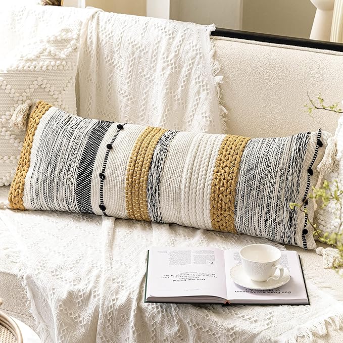 BlissBlush Decorative Lumbar Throw Pillow Cover 14x36 Boho Long Cushion for Bed Yellow Mustard Accent Farmhouse Pillowcase for Bedroom Living Room Couch Sofa Home Décor Cover ONLY