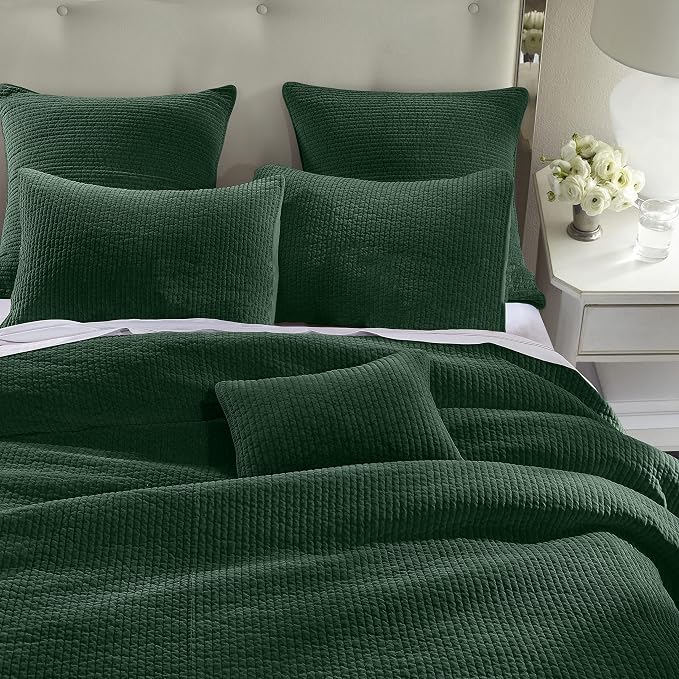 HiEnd Accents Stonewashed Velvet Quilted Euro Sham, 27x27 inch, Emerald Solid Color, Classic Traditional Rustic Style Luxury Bedding