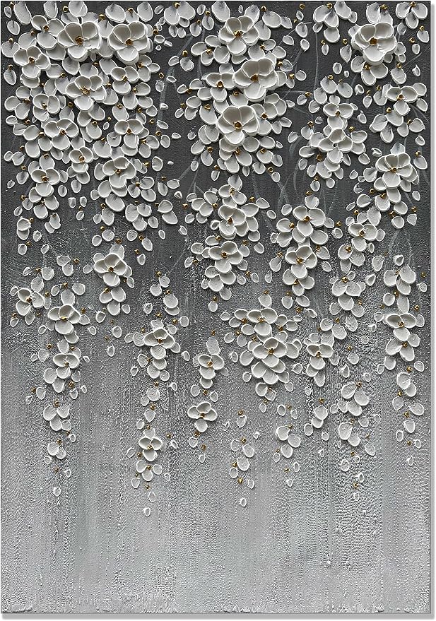 zoinart 3D Oil Painting on Canvas, 28x40 inch Hand Painted Abstract White Flowers/Floral Paintings Grey Artwork Modern Canvas Wall Art Wall Decor Framed Ready to Hang