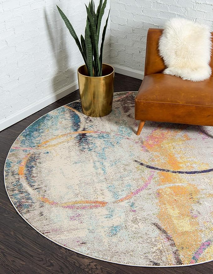 Unique Loom Chromatic Collection Modern Rustic & Vibrant Abstract Area Rug For Any Home Décor (8' 0 x 8' 0 Round, Beige/ Blue)