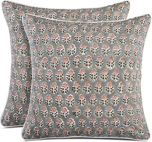 CPC 100% Cotton Throw Pillow Covers 18x18 Inch, Set of 2 Gray Block Print Pattern Couch Pillow, Cute Boho Decorative Pillows for Living Room, Bedroom with Hidden Zipper- Labra Gray