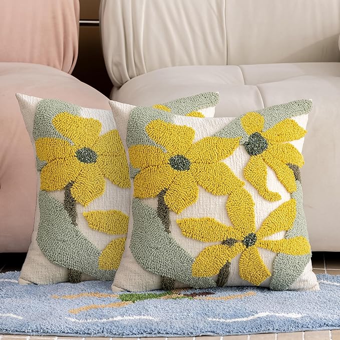 Yellow Floral Embroidered Throw Pillow Covers 20" x 20" Set of 2, Farmhouse Flowers Green Leaves Tufted Patterned Cushion Cases for Couch Bed Living Room Decor