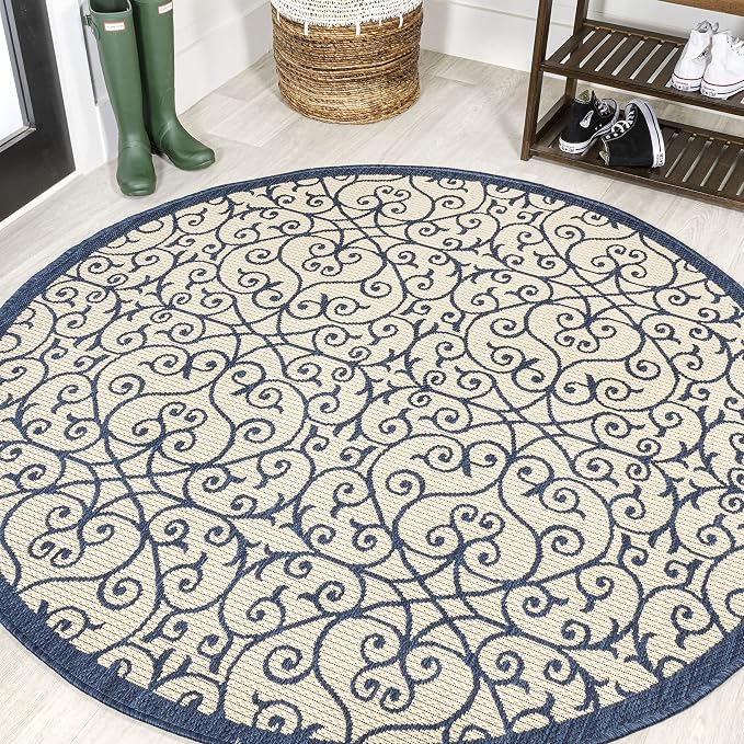 JONATHAN Y Vintage Filigree Indoor Outdoor Round Area Rug 5 Ft Navy/Beige, Madrid Textured Weave for Backyard, Patio, Porch, Easy-Cleaning, High Traffic, Pet-Friendly, Non-Shedding (SMB107G-5R)