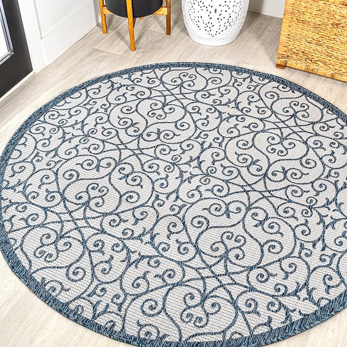 JONATHAN Y Vintage Filigree Indoor Outdoor Round Area Rug 5 Ft Blue/Cream, Madrid Textured Weave for Backyard, Patio, Porch, Easy-Cleaning, High Traffic, Pet-Friendly, Non-Shedding (SMB107F-5R)