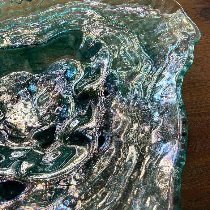 Set of 2 Oyster Shell Decorative Plates, 13 and 10 Inch Sea Blue Glass | Two Sizes for Layered Display, Wavy Uneven Rims, Glossy Finish Shifts Green, Purple, And Smoky Tones