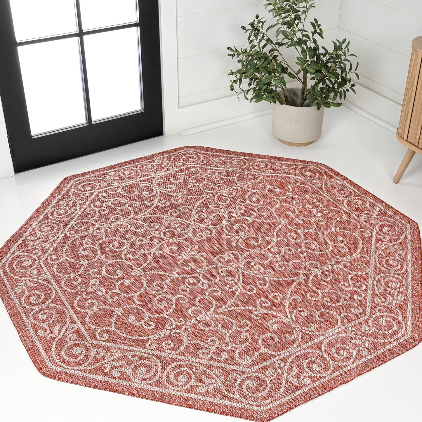 JONATHAN Y Vintage Filigree Indoor Outdoor Octagon Area Rug 8 Ft Red/Beige, Charleston Textured Weave for Backyard, Patio, Porch, Easy-Cleaning, High Traffic, Pet-Friendly, Non-Shedding SMB106B-8TGN
