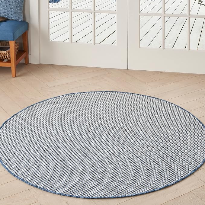 Nourison Home Courtyard Ivory Blue 4' x Round Area Rug - Easy Clean, Non Shedding, Bed Room, Living Room, Dining Room, Kitchen (4' x Round)