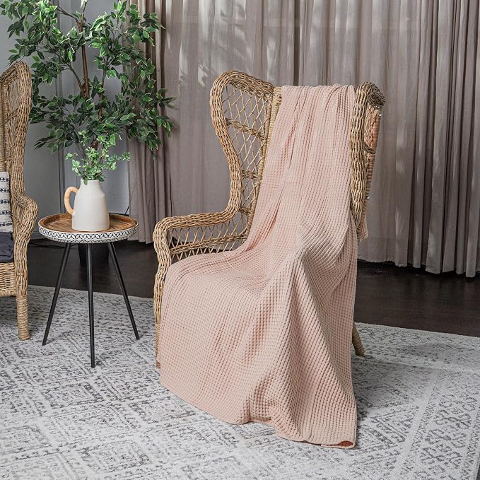 Comfy Cubs 100% Cotton Waffle Weave Throw Blanket Breathable Skin-Friendly Soft Lightweight Blankets - Perfect Warm Textured Blanket Layer - Size for Couch Bed & Sofa (Blush, 50" X 60")