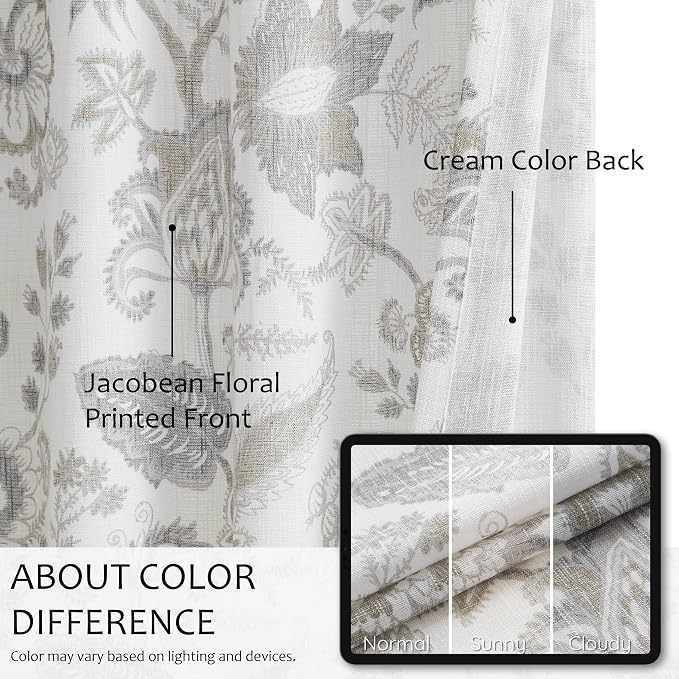 Kayne Studio Floral Leaf Print Light Filtering Curtains Grey Linen Botanical Leaf Flower Farmhouse Drapes Semi Sheer Window Treatment Set for Living Room Bedroom Pinch Pleated BackTab,40"x95",2 Panels