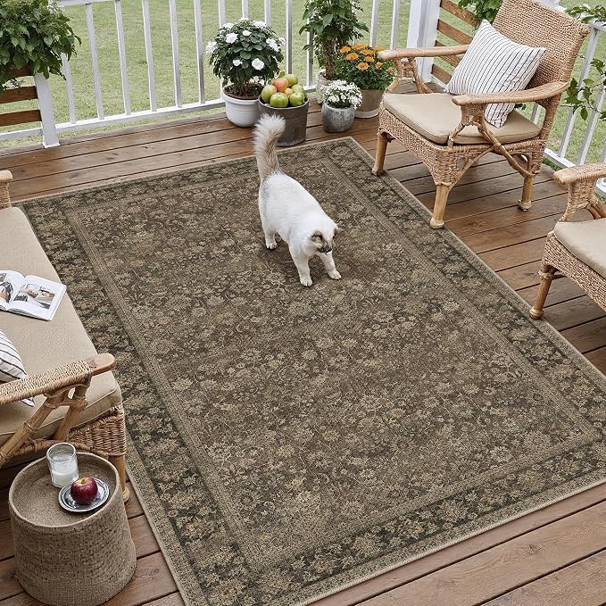 HUGEAR 3x5 Indoor/Outdoor Rug Brown Linen-Look Fabric Vintage Area Rug High Traffic Stain Resistant Easy Clean Durable Rugs for Living Kitchen Patio Deck Balcony Porch Garden Courtyard