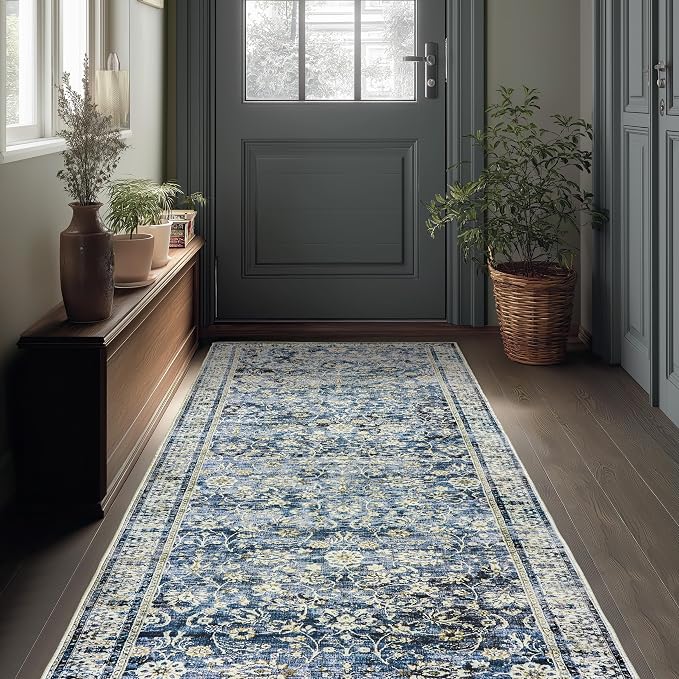 Blue 2x6 Runner Rug for Hallway Low Pile Kitchen Rugs Non Slip Washable Vintage Floral Distressed Design Carpet for Entryway Bedroom Boho Retro Dark Blue Rug for Bathroom Indoor 2 x 6