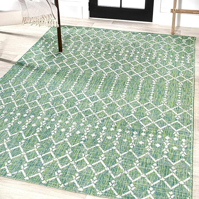 JONATHAN Y Moroccan Geometric Indoor Outdoor Area Rug 8X10 Green/Cream, Ourika Textured Weave for Backyard, Patio, Porch, Easy-Cleaning, High Traffic, Pet-Friendly, Non-Shedding (SMB108L-8)