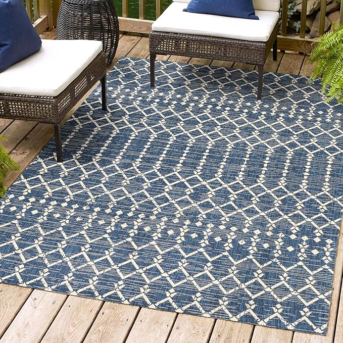 JONATHAN Y Moroccan Geometric Indoor Outdoor Area Rug 6X9 Navy/Beige, Ourika Textured Weave for Backyard, Patio, Porch, Easy-Cleaning, High Traffic, Pet-Friendly, Non-Shedding (SMB108K-6)