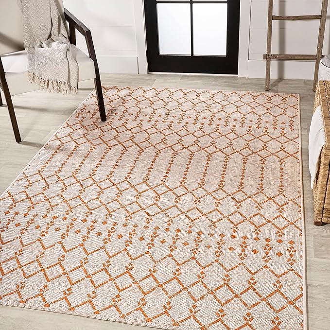 JONATHAN Y Moroccan Geometric Indoor Outdoor Area Rug 8X10 Cream/Orange, Ourika Textured Weave for Backyard, Patio, Porch, Easy-Cleaning, High Traffic, Pet-Friendly, Non-Shedding (SMB108O-8)