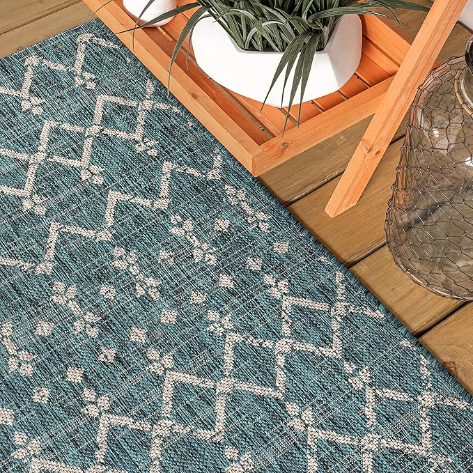 JONATHAN Y Moroccan Geometric Indoor Outdoor Round Area Rug 8 Ft Teal/Gray, Ourika Textured Weave for Backyard, Patio, Porch, Easy-Cleaning, High Traffic, Pet-Friendly, Non-Shedding (SMB108C-8R)