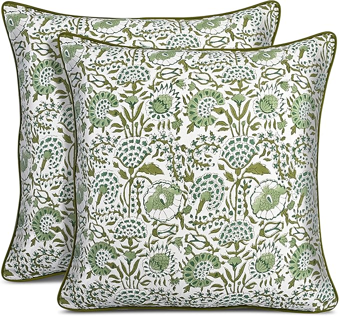 CPC 100% Cotton Throw Pillow Covers 20x20 Inch, Set of 2 Green Block Print Pattern Couch Pillow, Cute Boho Decorative Pillows for Living Room, Bedroom with Hidden Zipper- Agate Green