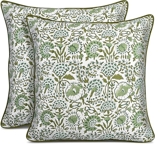CPC 100% Cotton Throw Pillow Covers 24x24 Inch, Set of 2 Green Block Print Pattern Couch Pillow, Cute Boho Decorative Pillows for Living Room, Bedroom with Hidden Zipper- Agate Green