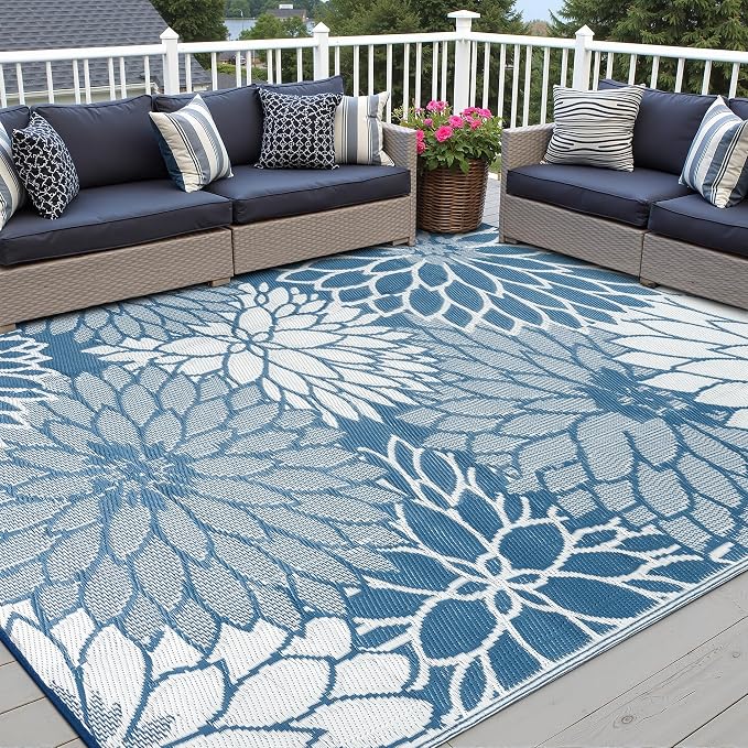 HUGEAR 6'x9' Outdoor Rug Waterproof Plastic Straw Rugs Blue Reversible Floral Mat Floor Carpet for Camping RV Deck Entryance Porch Picnic Balcony Beach Backyard