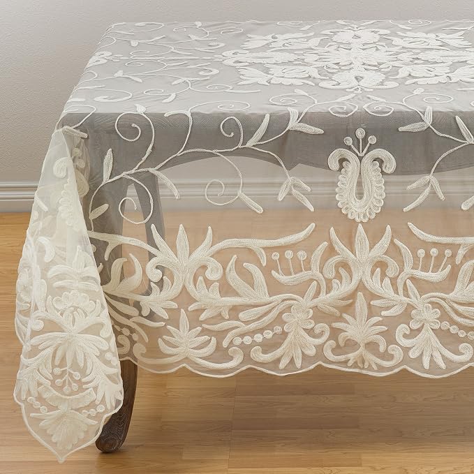 SARO LIFESTYLE AN01.I84S Embroidered Scalloped Sheer Tablecloth, 84", Ivory