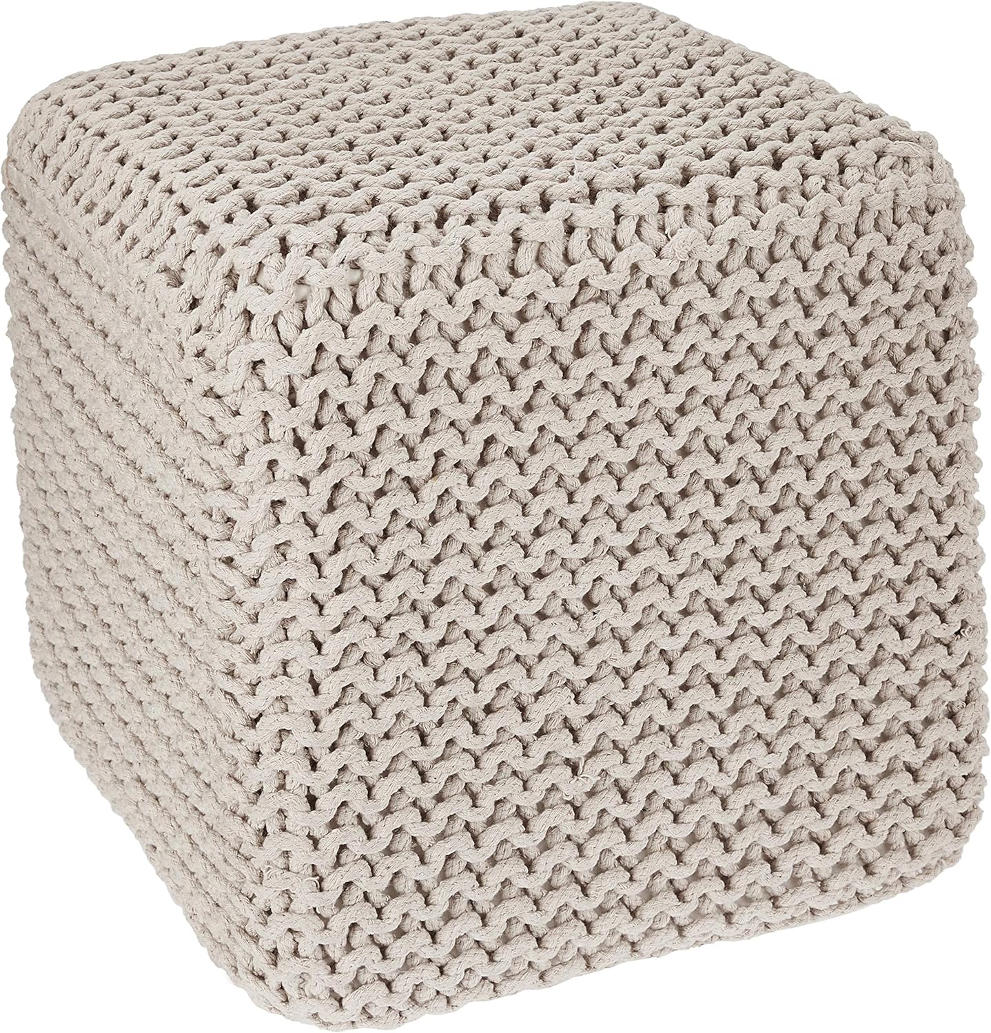 REDEARTH Square Pouf Ottoman Foot Stool - Hand Knitted Bean Bag - Cord Boho Pouffe - Accent Poof for Living Room - Nursery - Bedroom - Kids Bedroom - Patio - 100% Cotton (16" x 16" x 16") - Ivory