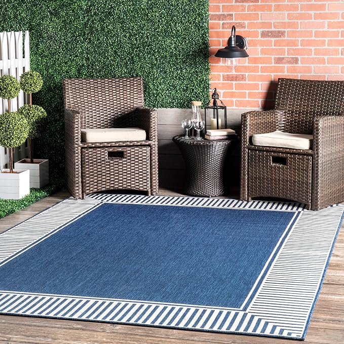 Nuloom Asha Navy/Ivory, 8' Square, Casual, Striped Border, Soft and Cozy, High Traffic, Easy Clean, Durable Area Rug for Indoor/Outdoor Patio, Deck, Porch, Garden, Courtyard