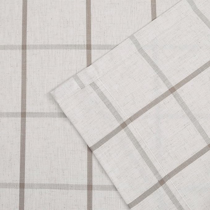 Vision Home Tan Plaid Linen Pinch Pleated Tier Curtains 30 inch, Checkered Semi Sheer Kitchen Curtains with Back Tab & Hooks, Light Filtering Small Window Panels for Bathroom Laundry, 25" Wx30 Lx2