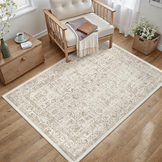 PureCozy Light Brown Area Rug 4x6 Office Entryway Rug Machine Washable Kitchen Vintage Distressed Non Slip Carpet Indoor Retro Floral Accent Throw Door Mat for Bathroom Bedroom Dining Living Room
