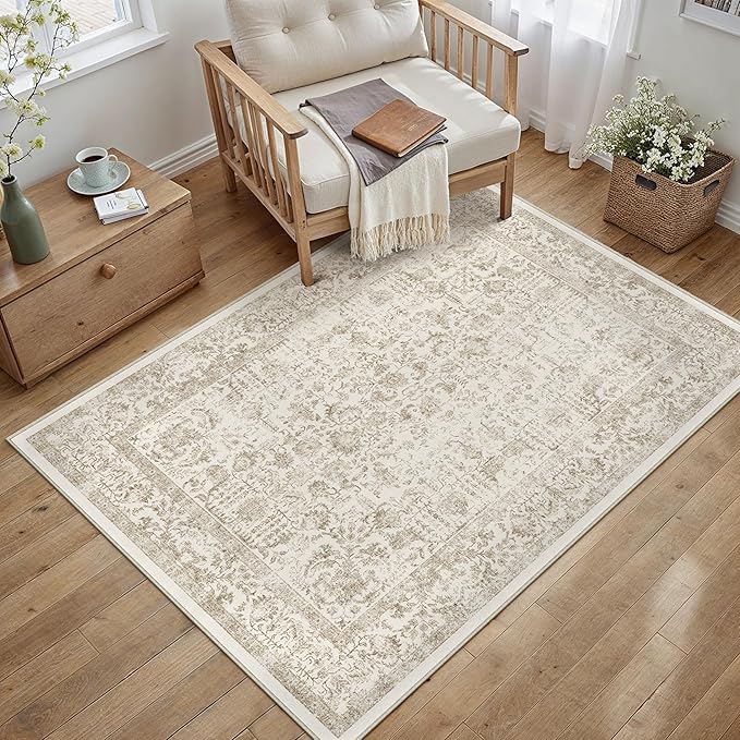 PureCozy Light Brown Area Rug 4x5 Office Entryway Rug Machine Washable Kitchen Vintage Distressed Non Slip Carpet Indoor Retro Floral Accent Throw Door Mat for Bathroom Bedroom Dining Living Room