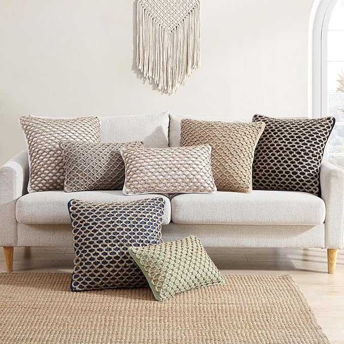 Boho Living Jada Decorative Throw, Includes Accent Insert, Premium Woven Design, Living Room Décor, (2) 20" x 20" Pillow Covers, Beige 2 Count