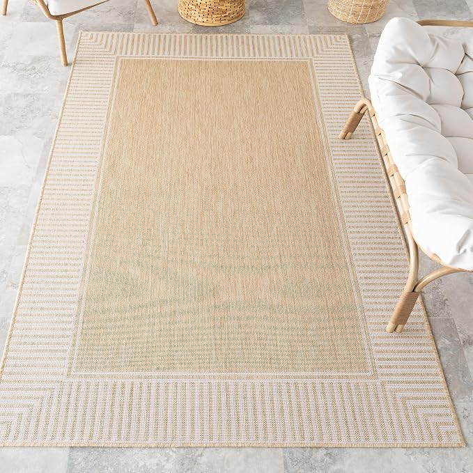 Nuloom Asha Tan/Ivory, 6'7" x 9', Casual, Striped Border, Soft and Cozy, High Traffic, Easy Clean, Durable Area Rug for Indoor/Outdoor Patio, Deck, Porch, Garden, Courtyard