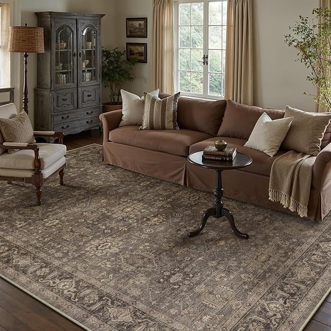 5x8 Washable Area Rug for Living Room Bedroom Vintage Brown Soft Low Pile Carpet Traditional Retro Non Slip Throw Rug for Dining Room Entryway Indoor Dorm Kitchen