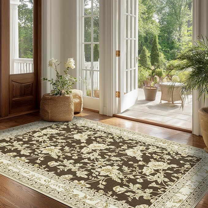 Brown Floral Print Area Rugs for Bedroom Living Room Boho Farmhouse Country Rustic Dining Room Carpet Soft Washable Rugs Non Slip Floor Covering for Nursery Playroom 3x5