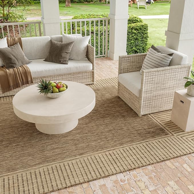 Nuloom Asha Light Brown/Ivory, 2' x 10', Casual, Striped Border, Soft and Cozy, High Traffic, Easy Clean, Durable Runner for Indoor/Outdoor Patio, Deck, Porch, Garden, Courtyard