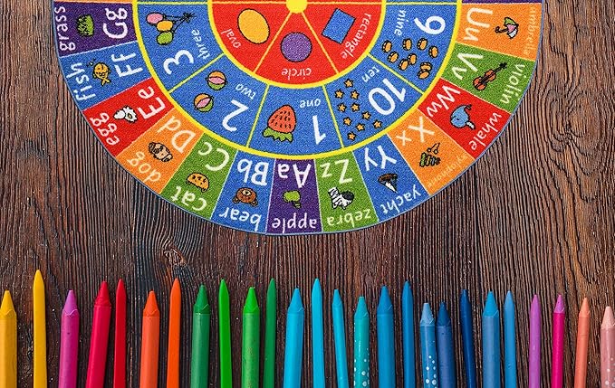 KC Cubs Educational Kids Rug – ABC Alphabet, 123 Numbers & Shapes Learning Mat – Soft Interactive Carpet for Classroom, Playroom & Bedroom 6' 6" Round