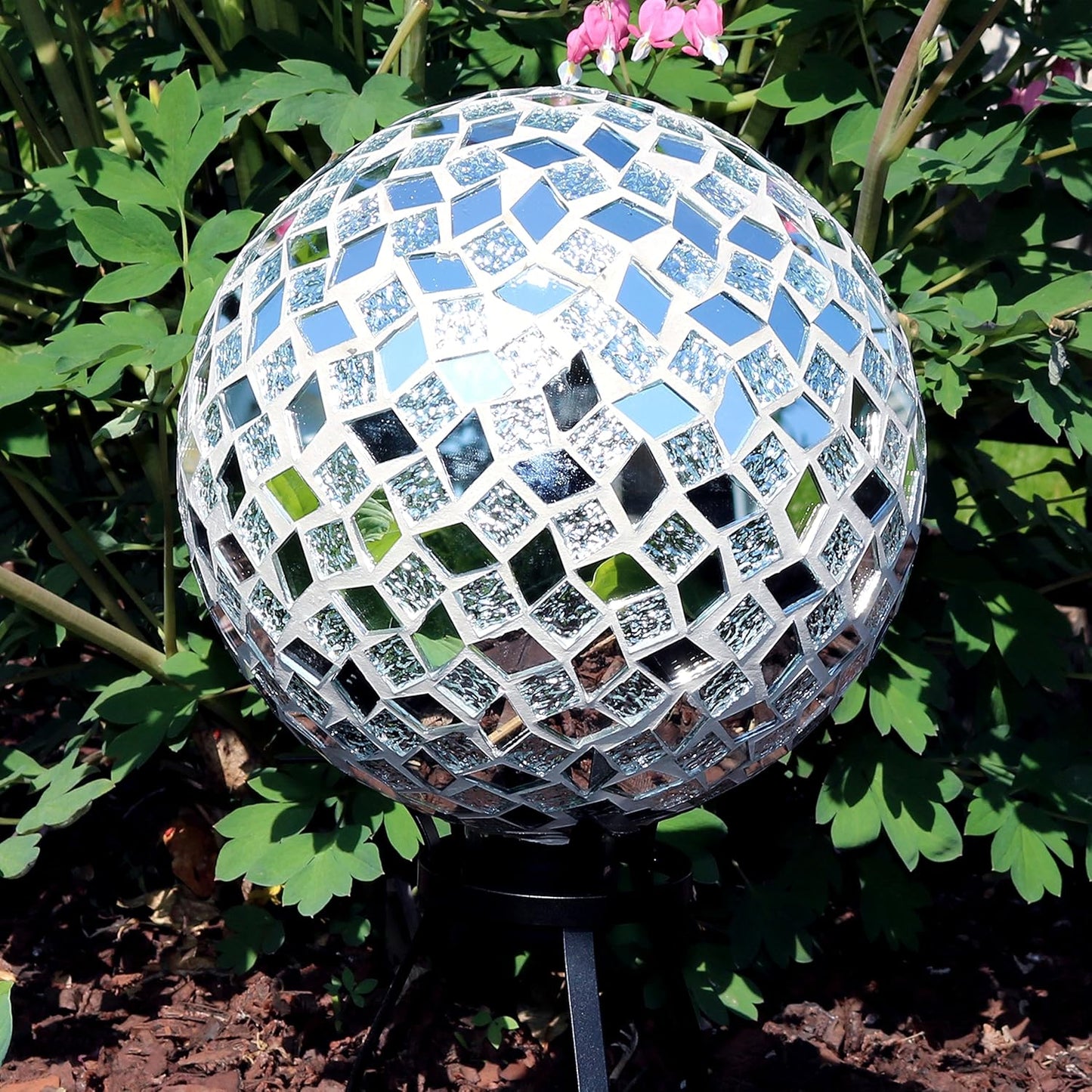 Sunnydaze 10-inch Gazing Ball for Garden - Crackled Glass Mosaic Gazing Globe for Outside - Mirrored Diamond Mosaic