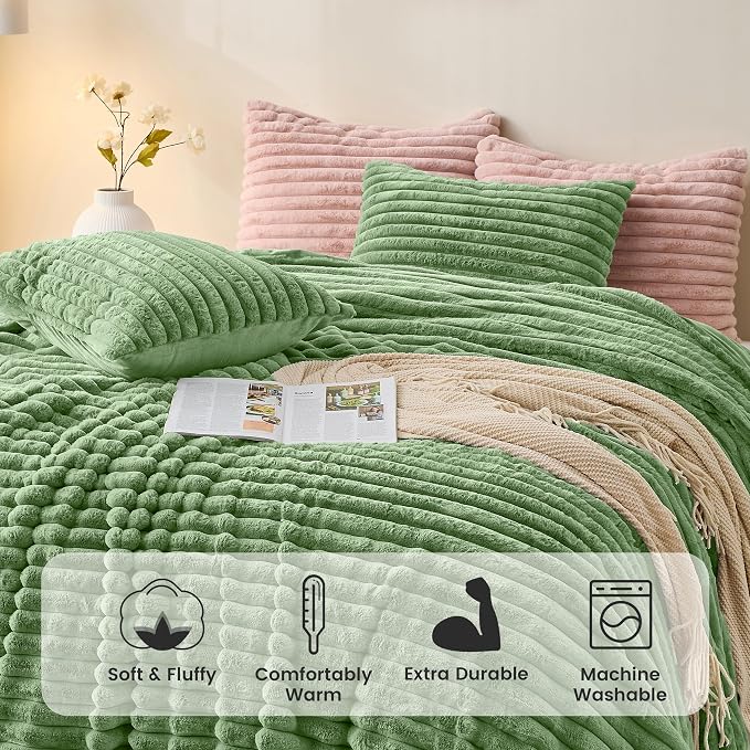 Simple&Opulence Fluffy Faux Fur Comforter Set, Plush Fuzzy Minky Bedding Set, 3 Pieces Warm Soft Comforter Bedding Set for Winter - 1 Shaggy Comforter with 2 Pillow Shams(King, Striped - Green)