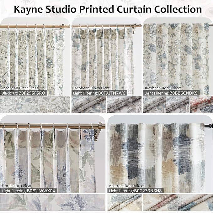 Kayne Studio Pinch Pleated Jacobean Floral Light Filtering Window Curtains Boho Botanical Leaf Printed Vintage Farmhouse Linen Grey Back Tab Window Treatment Set Living Room Bedroom,40"x90",2 Panels