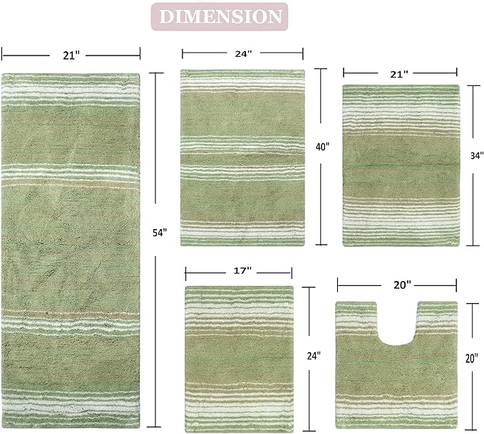 Home Weavers 100% Cotton Gradiation Collection Bathroom Décor | Washable Rug | Bathroom Mat | Kitchen Mat | Bathroom Rug Set | Bath Mat Set | Bath Floor Mat Non Slip, 5 Piece Set with Contour, Sage