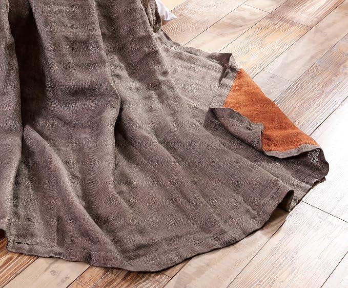 Chezmoi Collection Brussels Belgian Flax Linen Throw Blanket, 50" x 70" - Pre-Washed Super Soft Lightweight Breathable Summer Blanket Gray/Orange Color for Living Room Couch & Bed