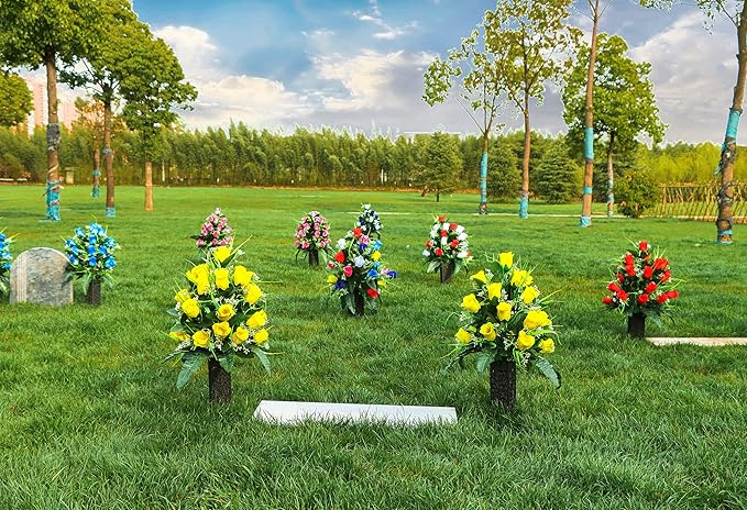 LVXINLI 2 Sets Artificial Cemetery Flowers,Outdoor Grave Decorations Roses,Beautiful Arrangements Bouquet with Cemetery Vase,Lasting and Non-Bleed Colors (Yellow)