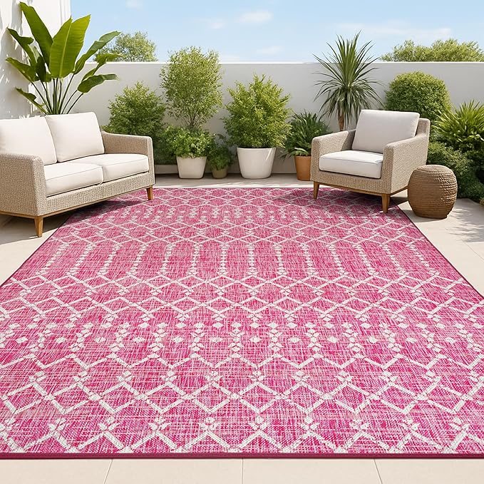 JONATHAN Y Moroccan Geometric Indoor Outdoor Area Rug 8X10 Fuchsia/Light Gray, Ourika Textured Weave for Backyard, Patio, Porch, Easy-Cleaning, High Traffic, Pet-Friendly, Non-Shedding (SMB108Q-8)