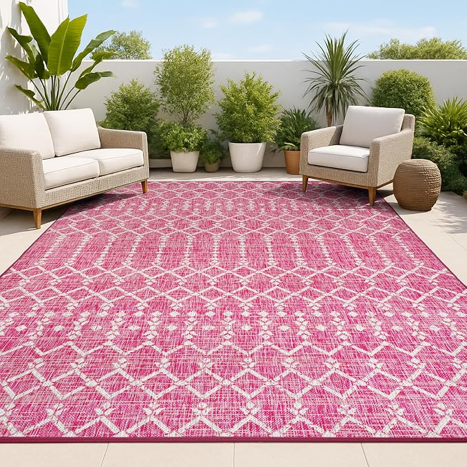 JONATHAN Y Moroccan Geometric Indoor Outdoor Area Rug 5X8 Fuchsia/Light Gray, Ourika Textured Weave for Backyard, Patio, Porch, Easy-Cleaning, High Traffic, Pet-Friendly, Non-Shedding (SMB108Q-5)