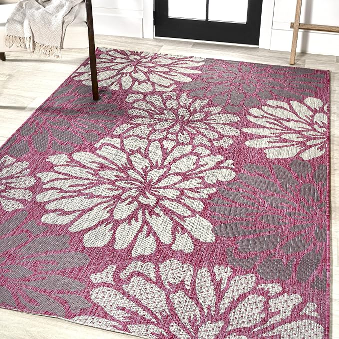 JONATHAN Y Floral Textured Weave Indoor Outdoor Area Rug 3X5 Fuchsia/Light Gray, Zinnia Modern for Backyard, Patio, Porch, Easy-Cleaning, High Traffic, Pet-Friendly, Non-Shedding (SMB110F-3)