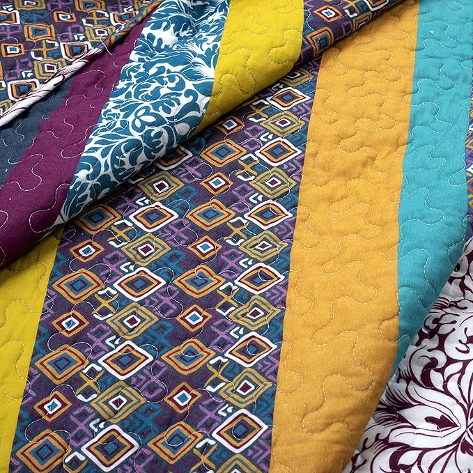 Lush Decor Boho Stripe Reversible Cotton Quilt 3-Piece Set, Full/ Queen, Plum & Yellow - Bold Colorful Bohemian Bedding Set