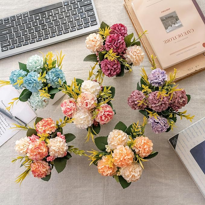 6Pcs Artificial Flowers with Ceramic Pot Small Fake Hydrangea Flowers Arrangements Faux Spring Flowers in Vase Home Spring Decor, Centerpiece Table Decorations for Farmhouse Office Shelf Dining Table