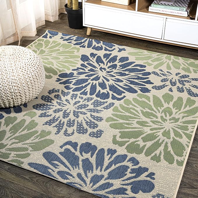JONATHAN Y Floral Textured Weave Indoor Outdoor Square Area Rug 8X8 Navy/Green, Zinnia Modern for Backyard, Patio, Porch, Easy-Cleaning, High Traffic, Pet-Friendly, Non-Shedding (SMB110B-8SQ)