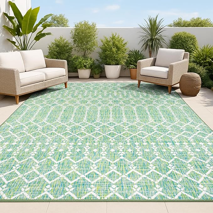 JONATHAN Y Moroccan Geometric Indoor Outdoor Area Rug 8X10 Green/Cream, Ourika Textured Weave for Backyard, Patio, Porch, Easy-Cleaning, High Traffic, Pet-Friendly, Non-Shedding (SMB108L-8)